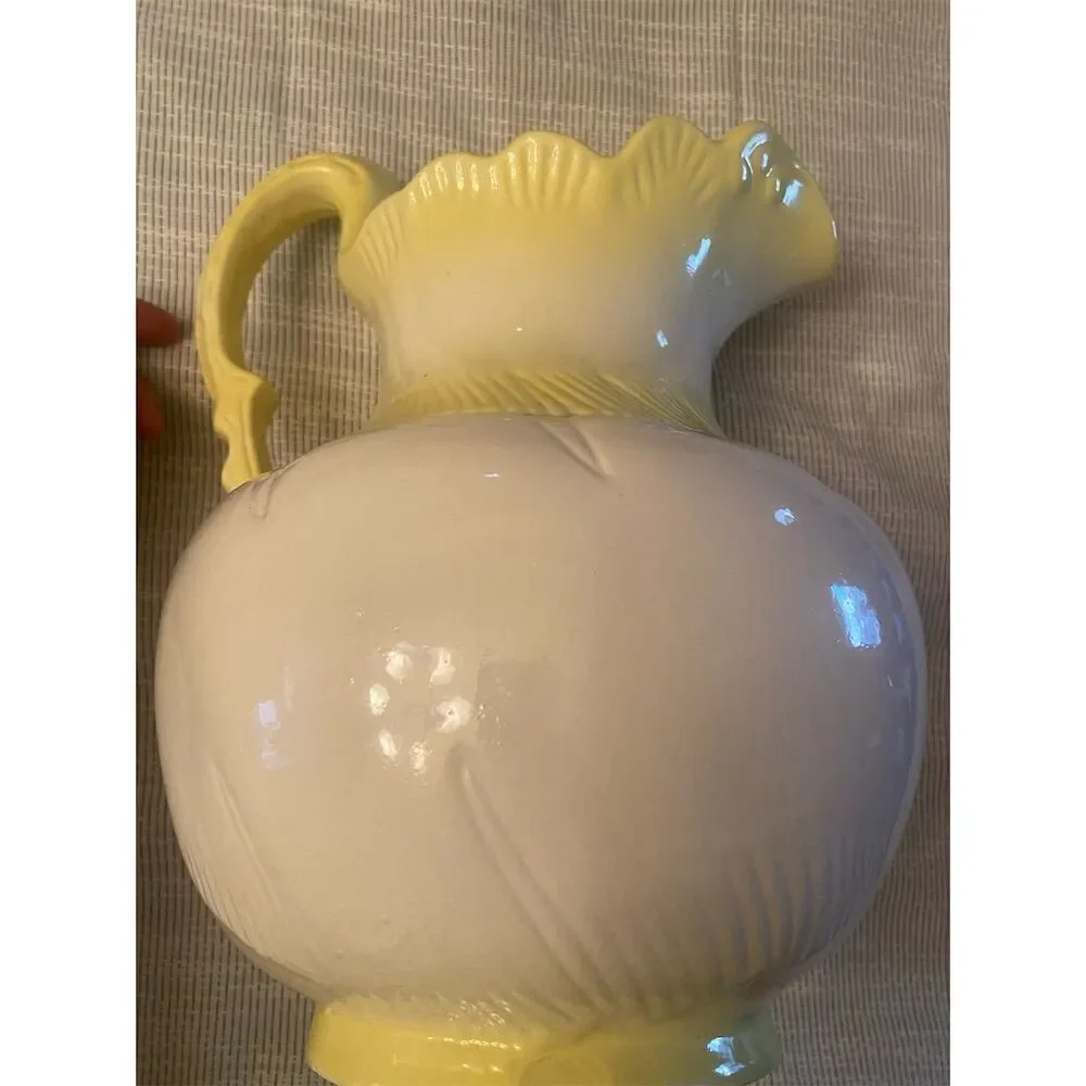 Vintage Yellow Ceramic Vase with Ruffled Top & Stylish Handle